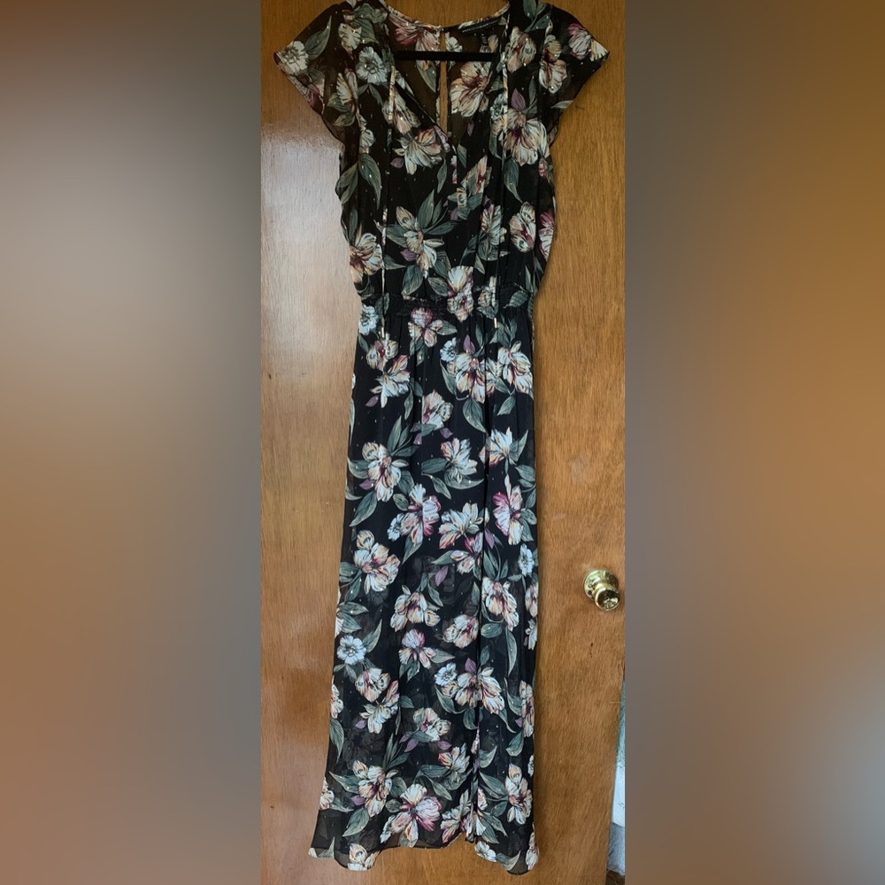Sheer/partially-lined maxi dress, floral pattern and gold-stitch accents